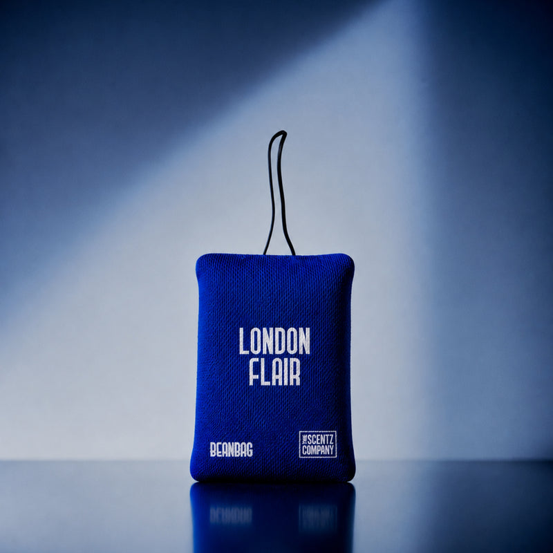 London Flair scented car air freshener beanbag by The Scentz Company placed inside car interior delivering fresh citrus long lasting fragrance