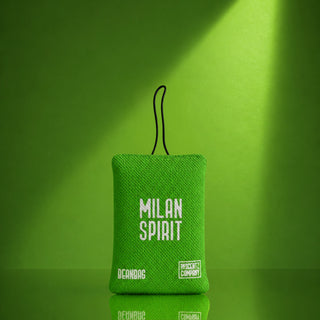 Milan Spirit scented car air freshener beanbag by The Scentz Company placed inside car interior delivering citrus herbal long lasting fragrance