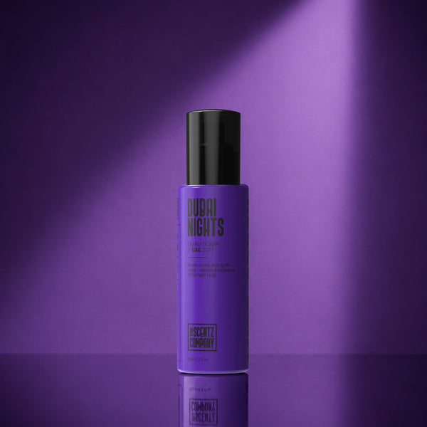 Dubai Nights car air freshener spray by The Scentz Company featuring luxury oud inspired fragrance for long lasting premium car scent