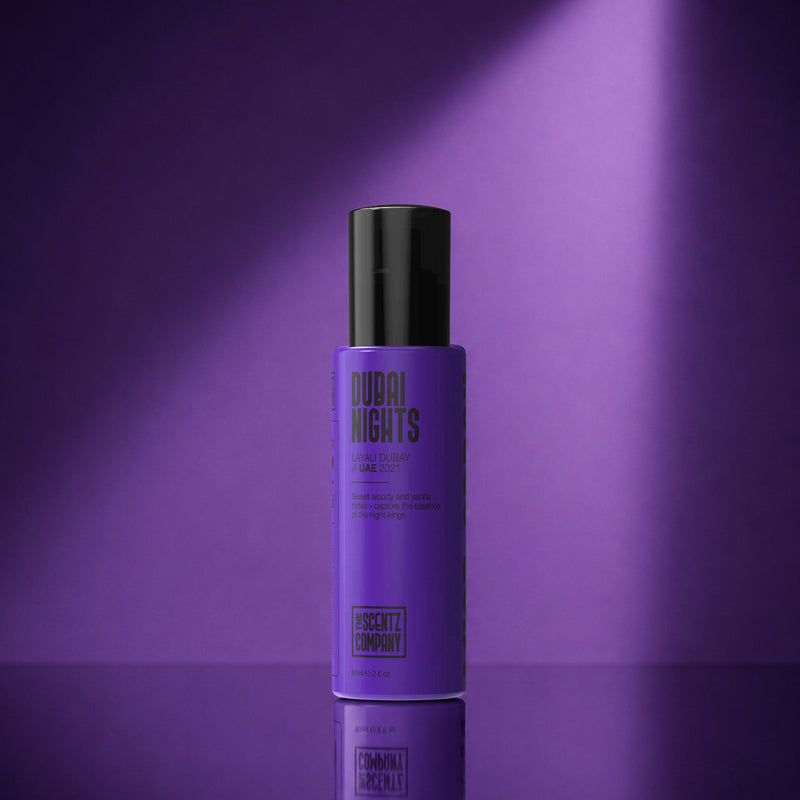 Dubai Nights car air freshener spray by The Scentz Company featuring luxury oud inspired fragrance for long lasting premium car scent